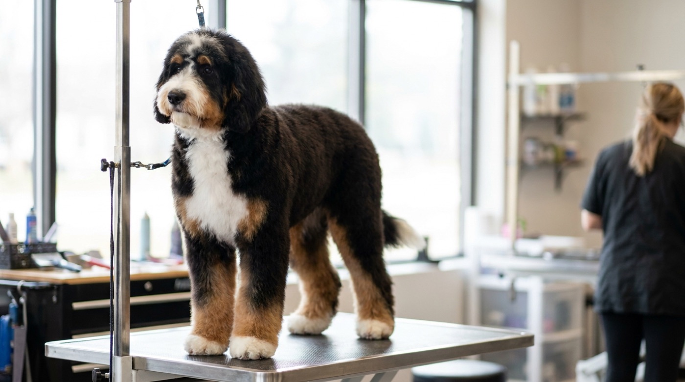 A tri-color bernedoodle freshly groomed in a plush teddy bear cut standing on a grooming table in a professional salon