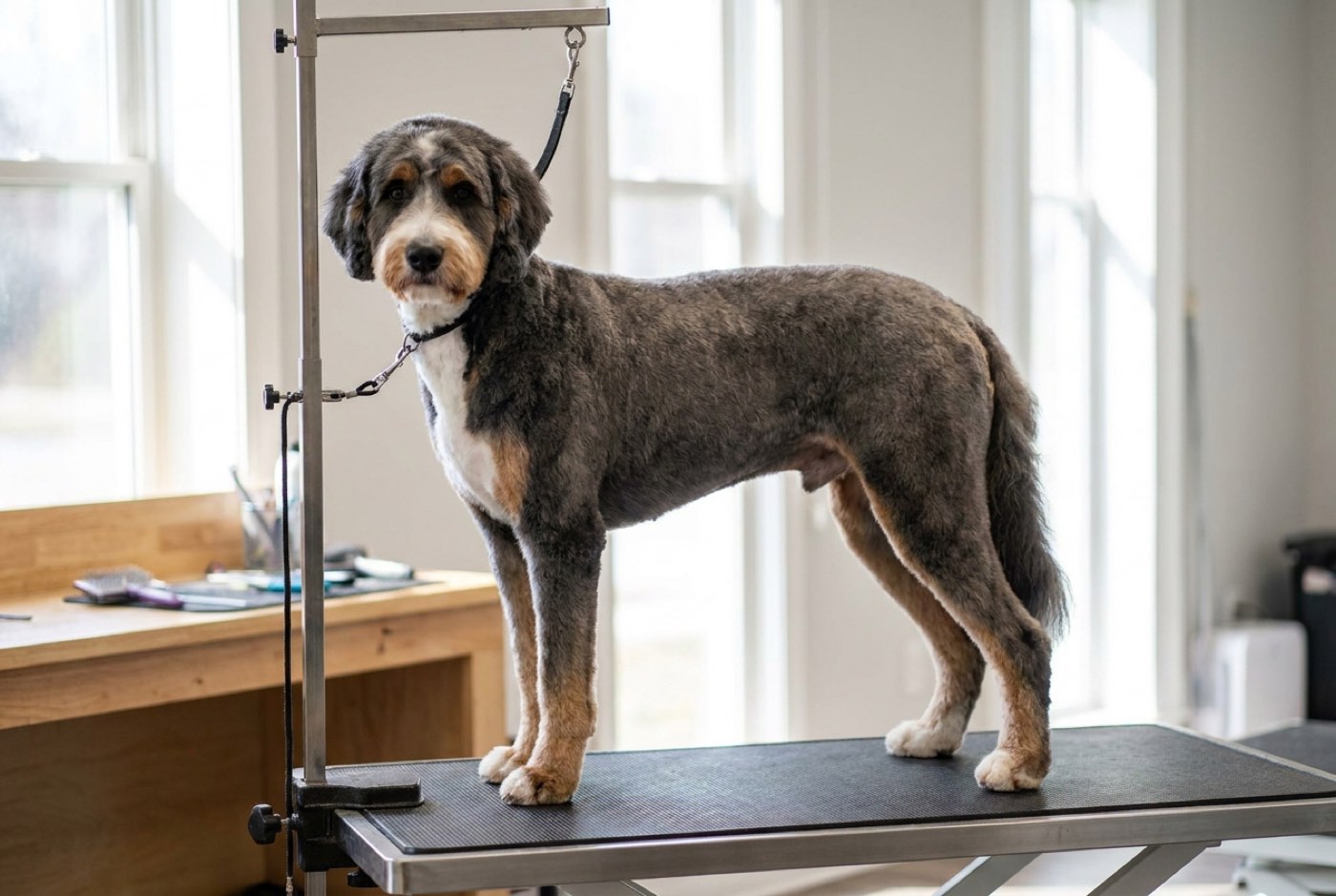 A tricolor bernedoodle after a reset cut, the body clipped very short so the black reads gray and the rust points look faded