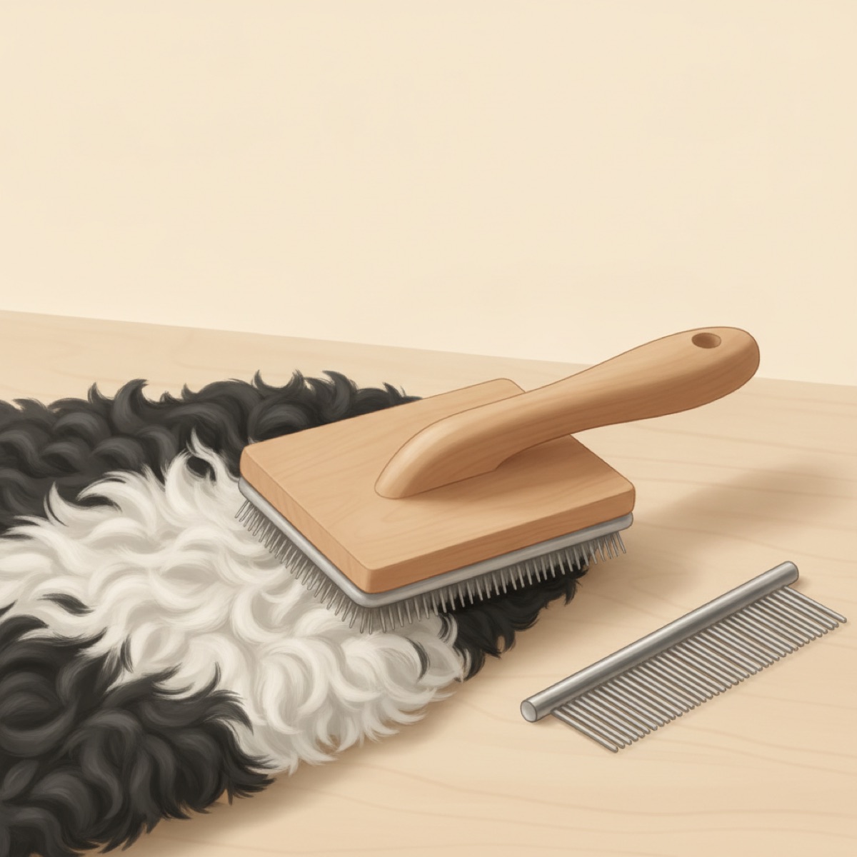 Large wooden handled slicker brush resting on thick black and white curly doodle coat with a steel grooming comb on the table beside it