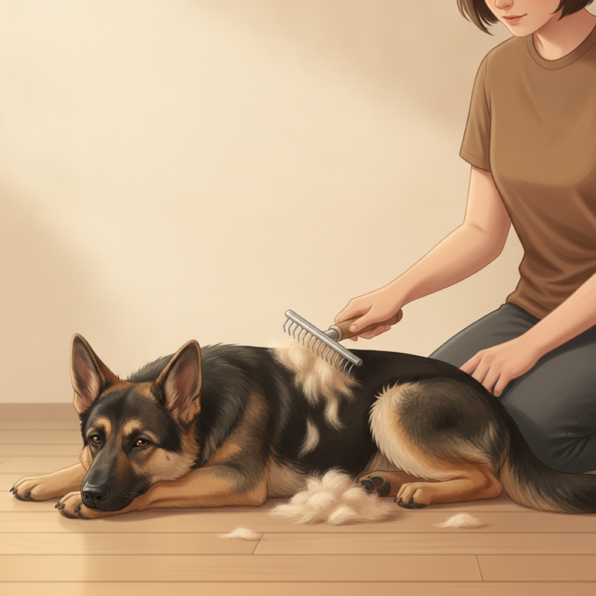 Warm illustration of a black and tan german shepherd standing patiently while its owner pulls an undercoat rake through the thick coat on its hindquarters, tufts of loose undercoat drifting to the floor