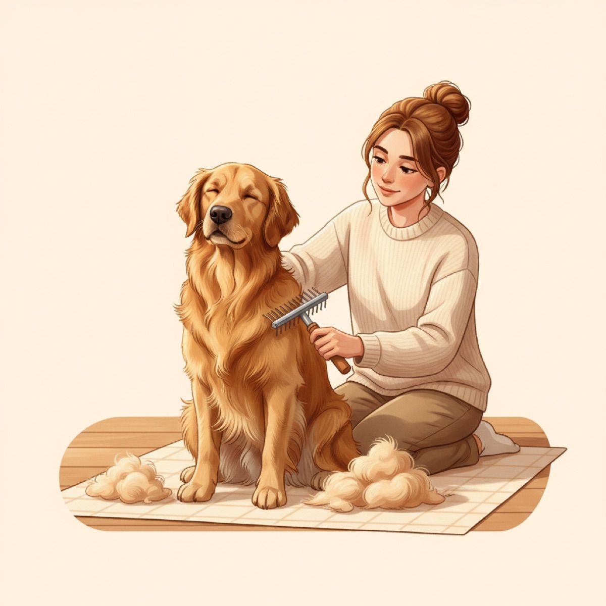 Warm illustration of a golden retriever lying contentedly on the floor while its owner pulls an undercoat rake through its thick coat, a small cloud of loose fur gathered beside them