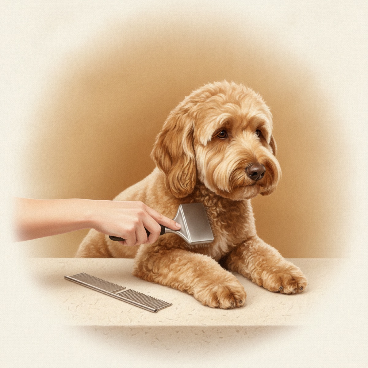 Warm illustration of a fluffy cream goldendoodle lying calmly on a grooming table while its owner brushes a parted section of its curly coat with a slicker brush, a steel comb resting beside them