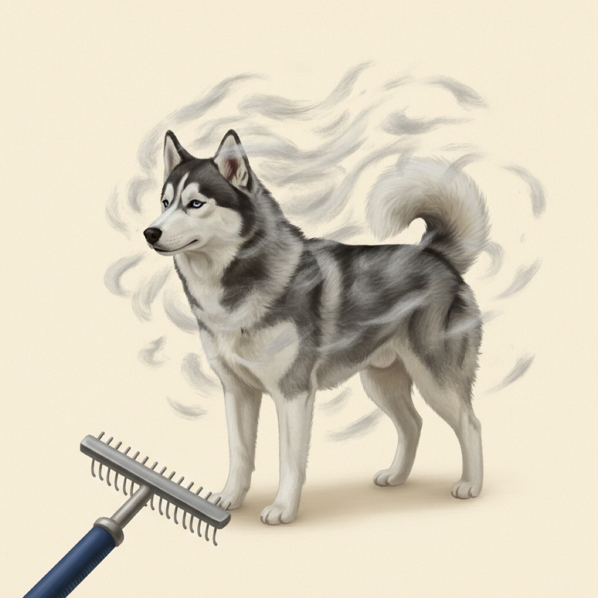 Siberian Husky standing in a swirl of loose shed undercoat with an undercoat rake in the foreground