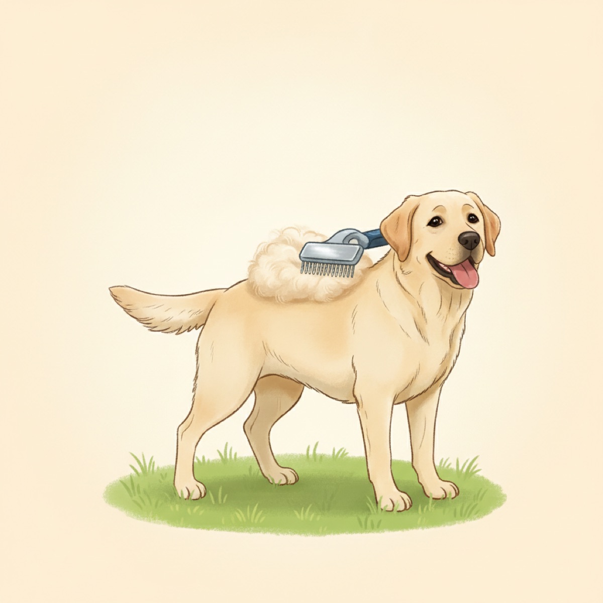 Yellow Labrador standing on grass while a deshedding tool pulls out a thick tuft of loose undercoat