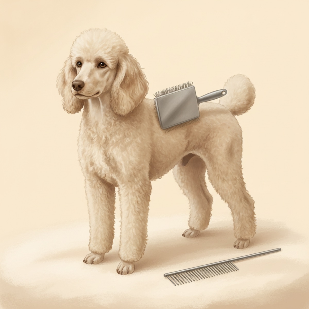 Standard poodle being line brushed with a large slicker brush, coat parted to the skin