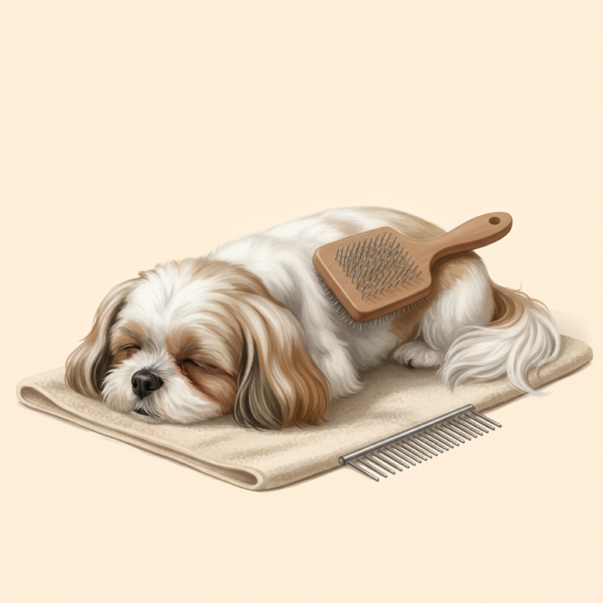 Shih Tzu lying calmly on its side while a pin brush works through its long silky coat