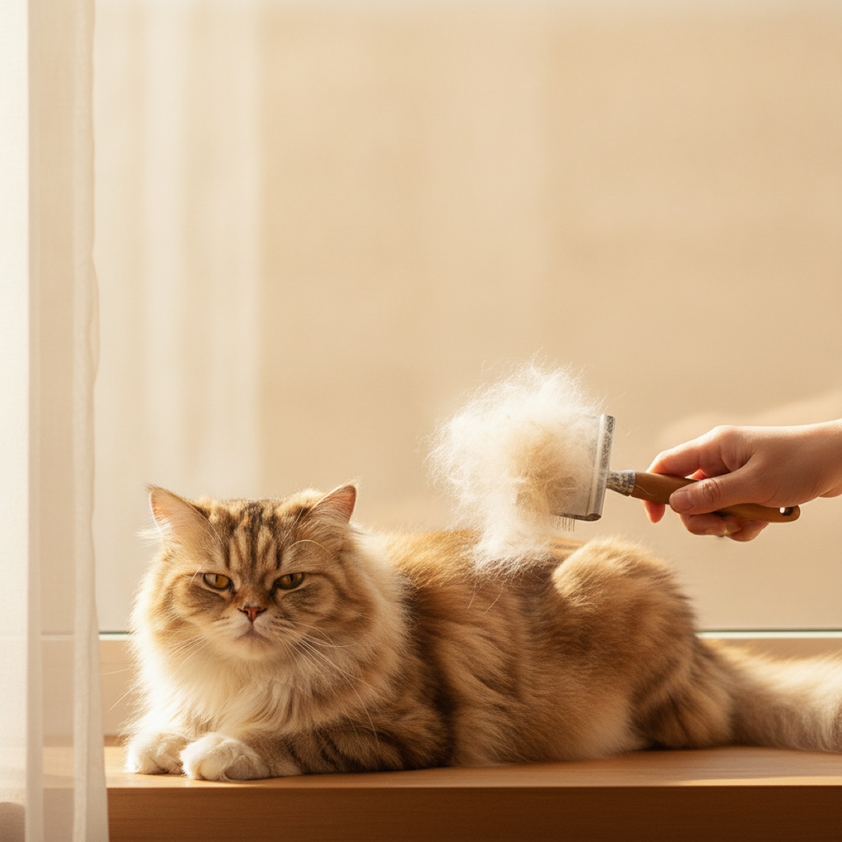 Warm cream studio illustration of a fluffy long haired cat being brushed with a slicker brush on a sunny windowsill, a cloud of loose fur lifting from the brush