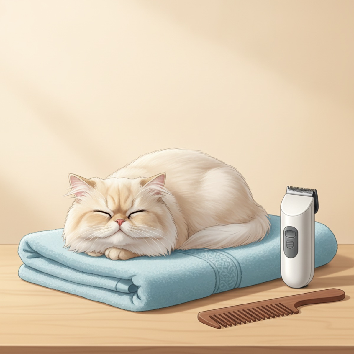 Fluffy long haired cat sitting on a folded towel beside a small cordless pet clipper and a wide tooth comb