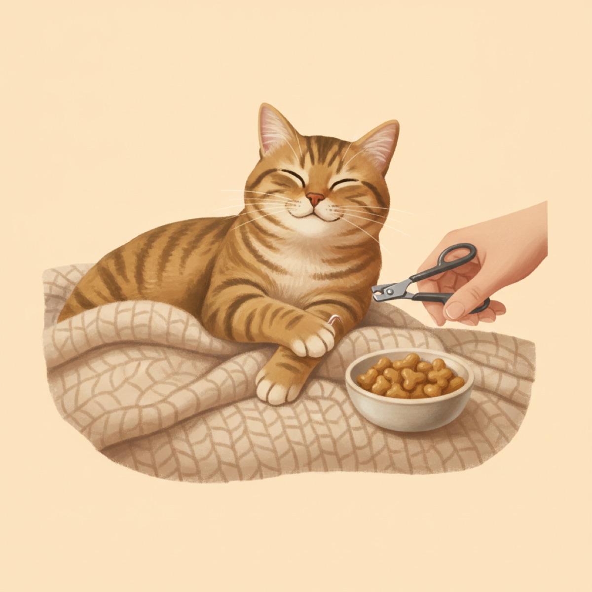 Warm cream studio illustration of a content tabby cat on a lap having one front claw trimmed with small scissor style clippers, treats in a bowl beside them