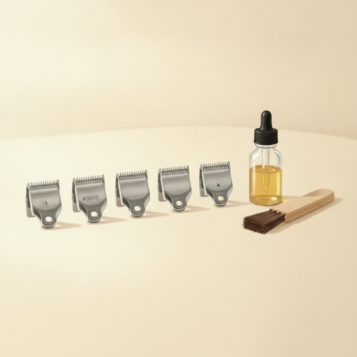 Several detachable dog clipper blades laid out in a row on a table beside a bottle of clipper oil
