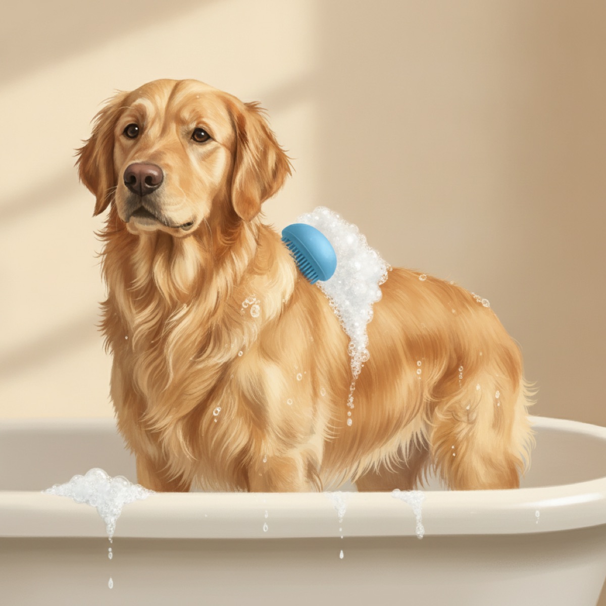 Blue silicone bath brush resting on the wet back of a golden retriever standing in a bathtub, lather trailing behind it