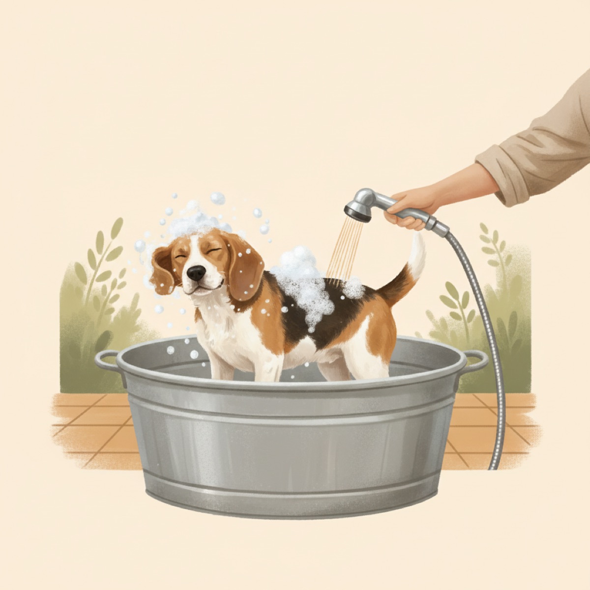 Soapy beagle standing in an elevated home dog bathing station while its owner rinses it with a hose sprayer