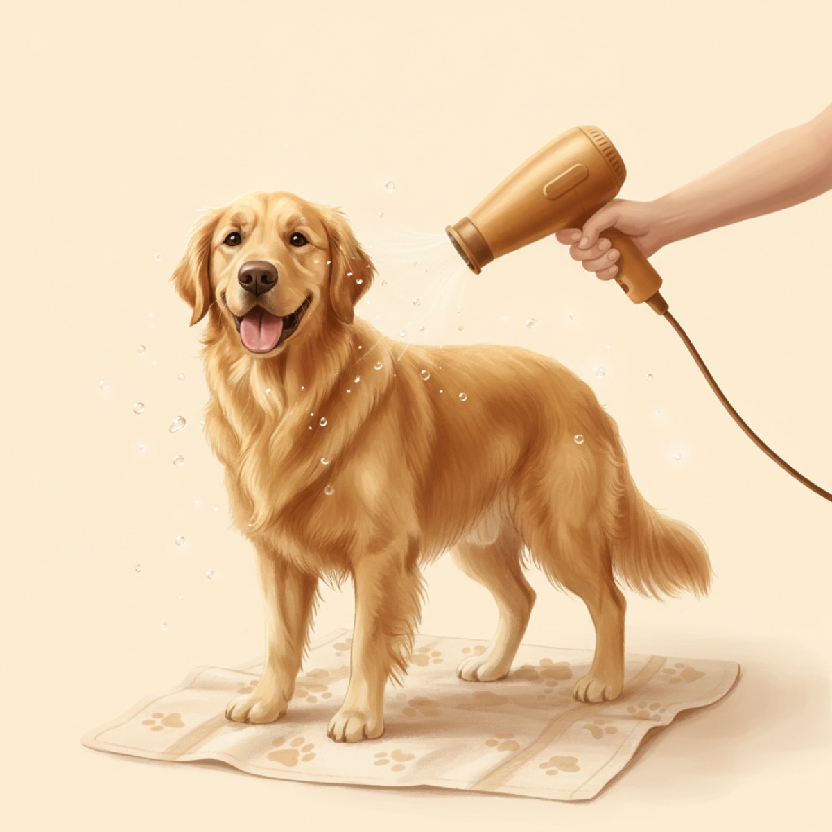 Happy golden retriever being dried with a handheld high velocity dog blow dryer at home, fur rippling in the airflow