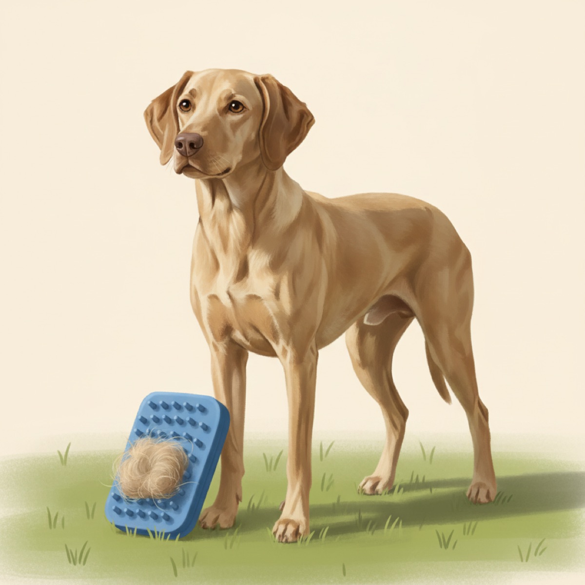 Short haired tan dog standing on grass beside a blue rubber curry brush holding a tuft of collected loose hair