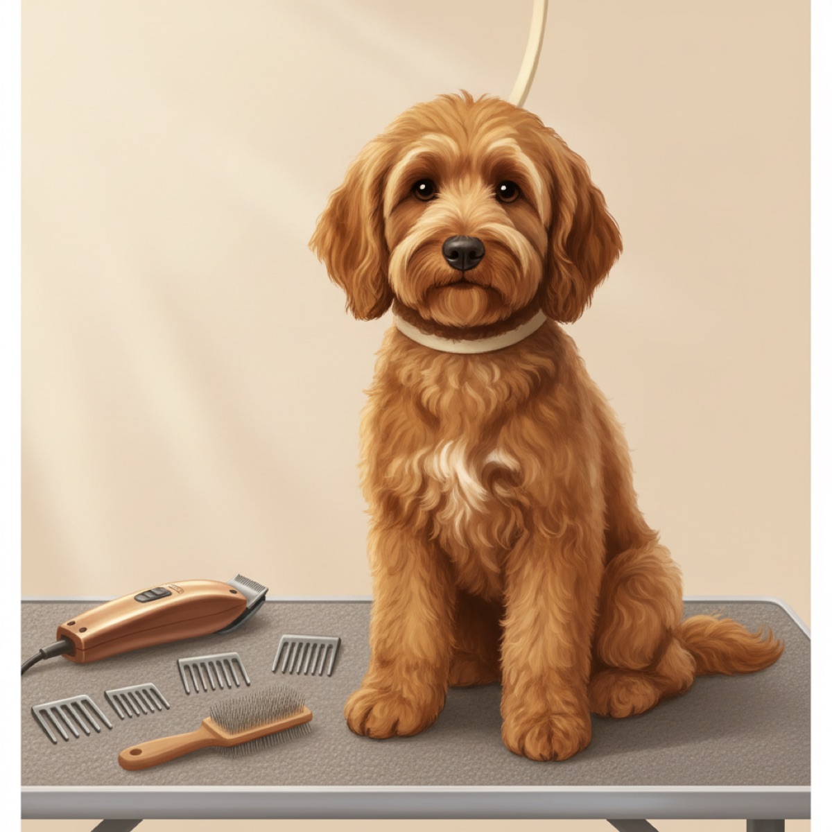 Fluffy goldendoodle standing on a grooming table beside clippers, a set of metal guard combs, and a slicker brush