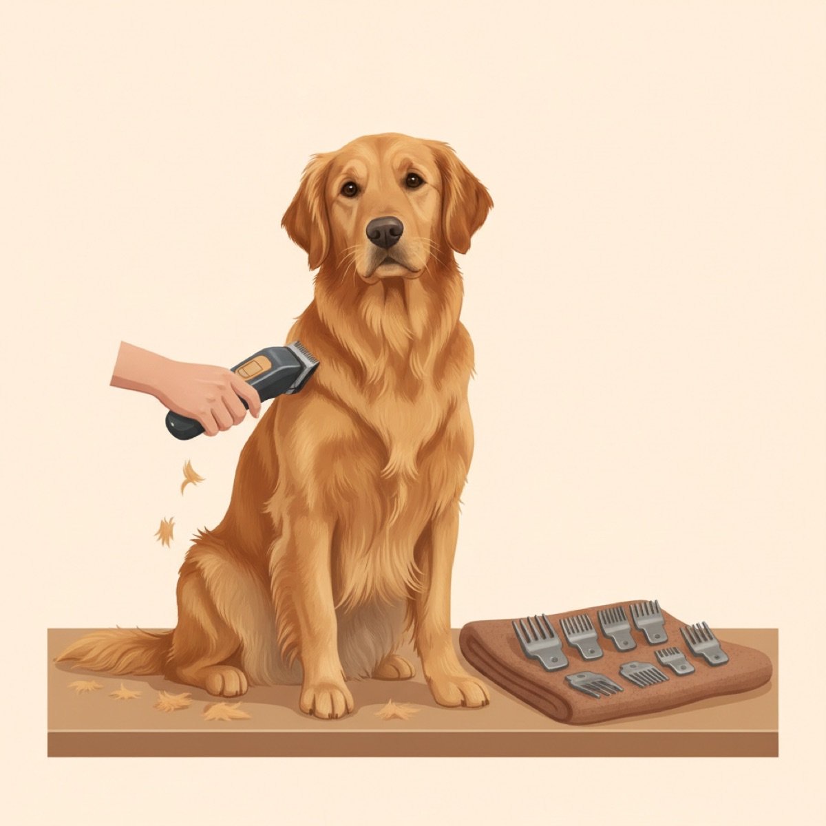Owner trimming a calm golden dog with cordless clippers at a kitchen table, with guide combs laid out on a folded towel