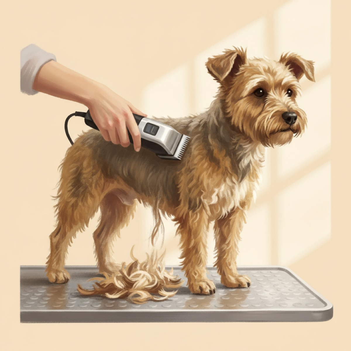 Shaggy terrier mix standing on a grooming table while a clipper is held flat against its side, clipped fur collecting below