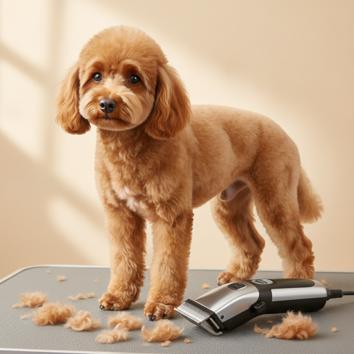 Apricot poodle standing on a grey grooming table beside a dog clipper, with clipped curls scattered across the surface