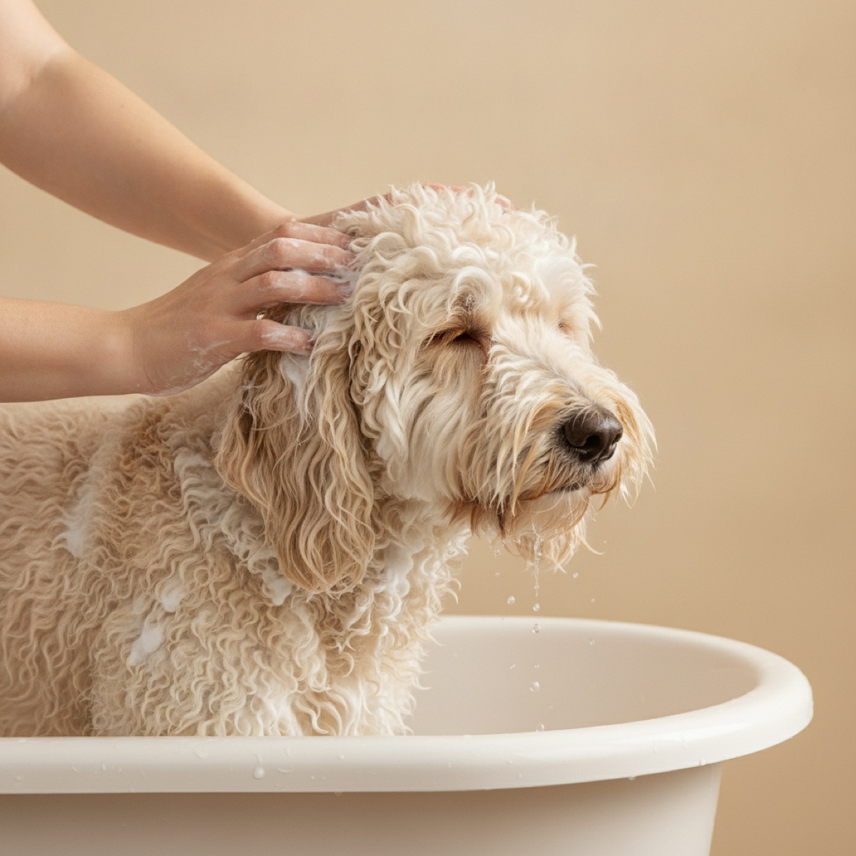 Conditioner being worked through the wet coat of a curly doodle standing in a bathing tub