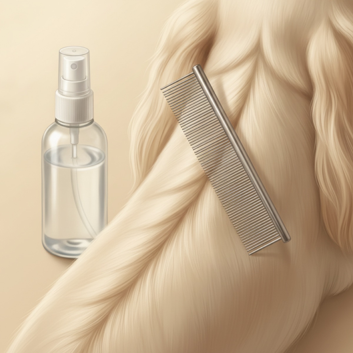 Clear spray bottle standing beside long silky cream coloured dog coat with a steel grooming comb laid across it