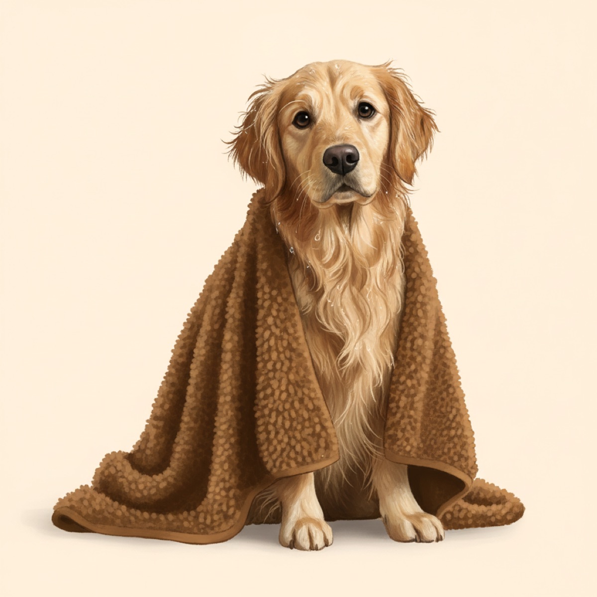 Wet golden retriever sitting wrapped in a thick brown microfibre chenille drying towel draped over its shoulders