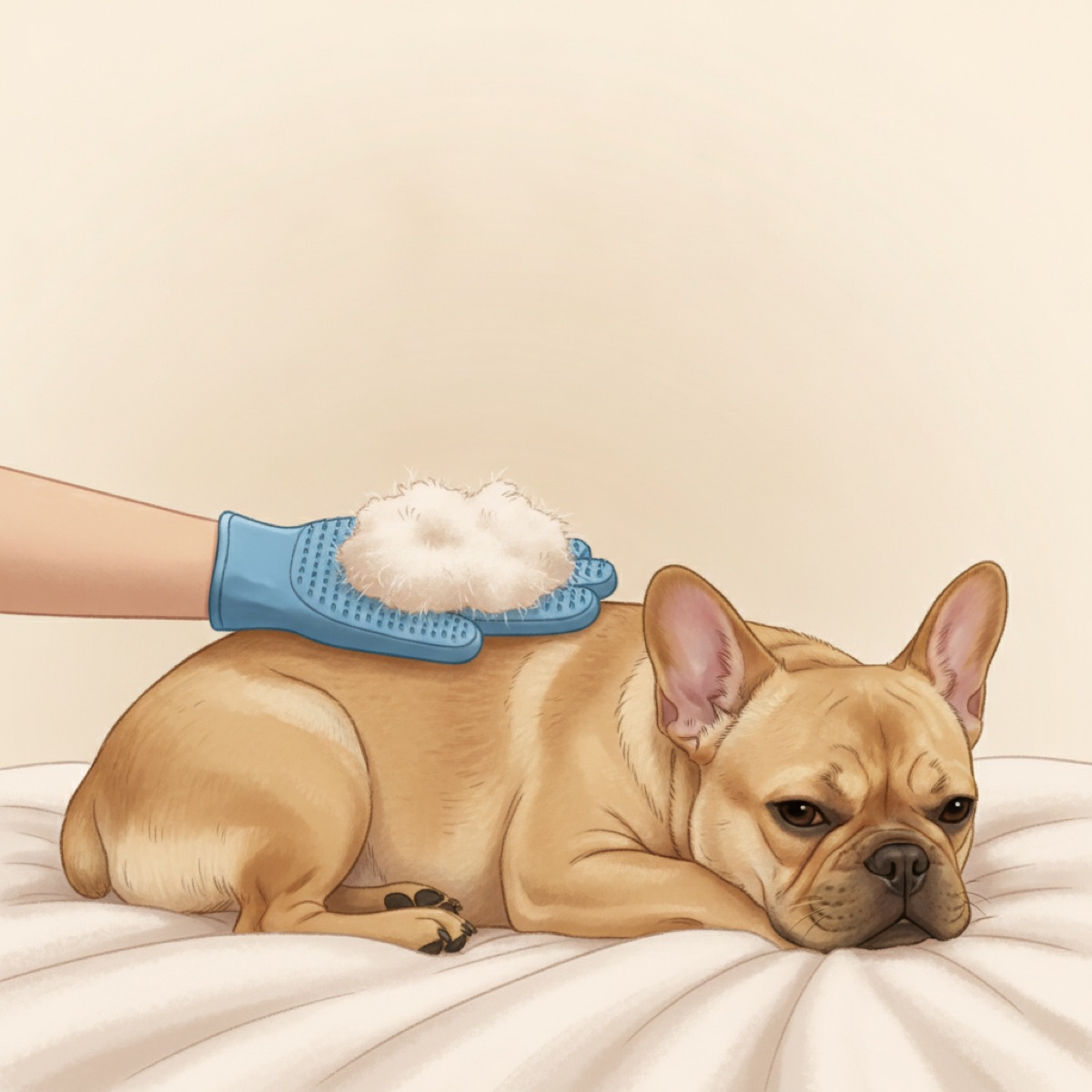 Hand in a blue silicone tipped grooming glove resting on the back of a french bulldog lying on a bed, loose fur gathered on the palm
