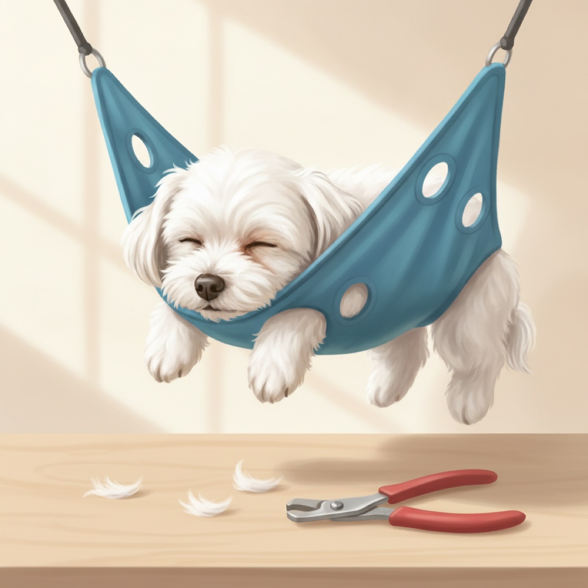 Small white dog suspended in a blue fabric grooming hammock with its legs through the leg holes, nail clippers on the table below