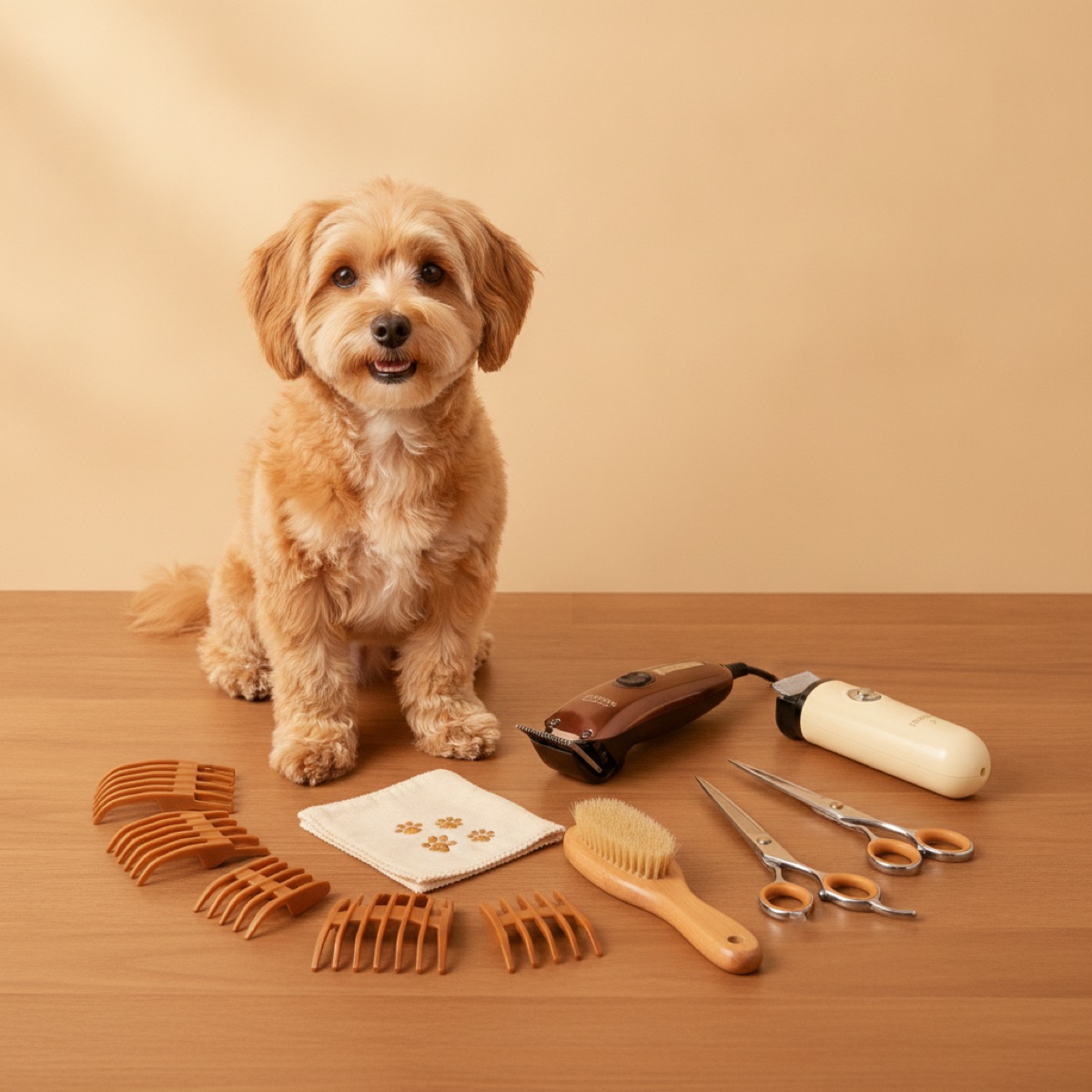 Small dog sitting beside a neatly arranged home grooming kit with clippers, guide combs, scissors, a brush, and a nail grinder