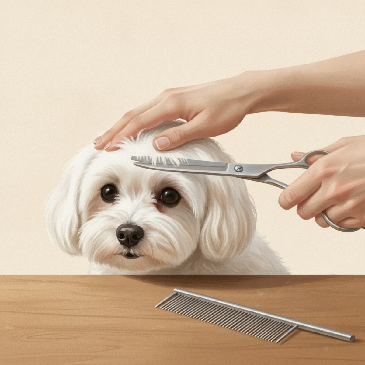Owner steadying a small white dog's head with one hand while trimming the hair above its eyes with grooming scissors held sideways