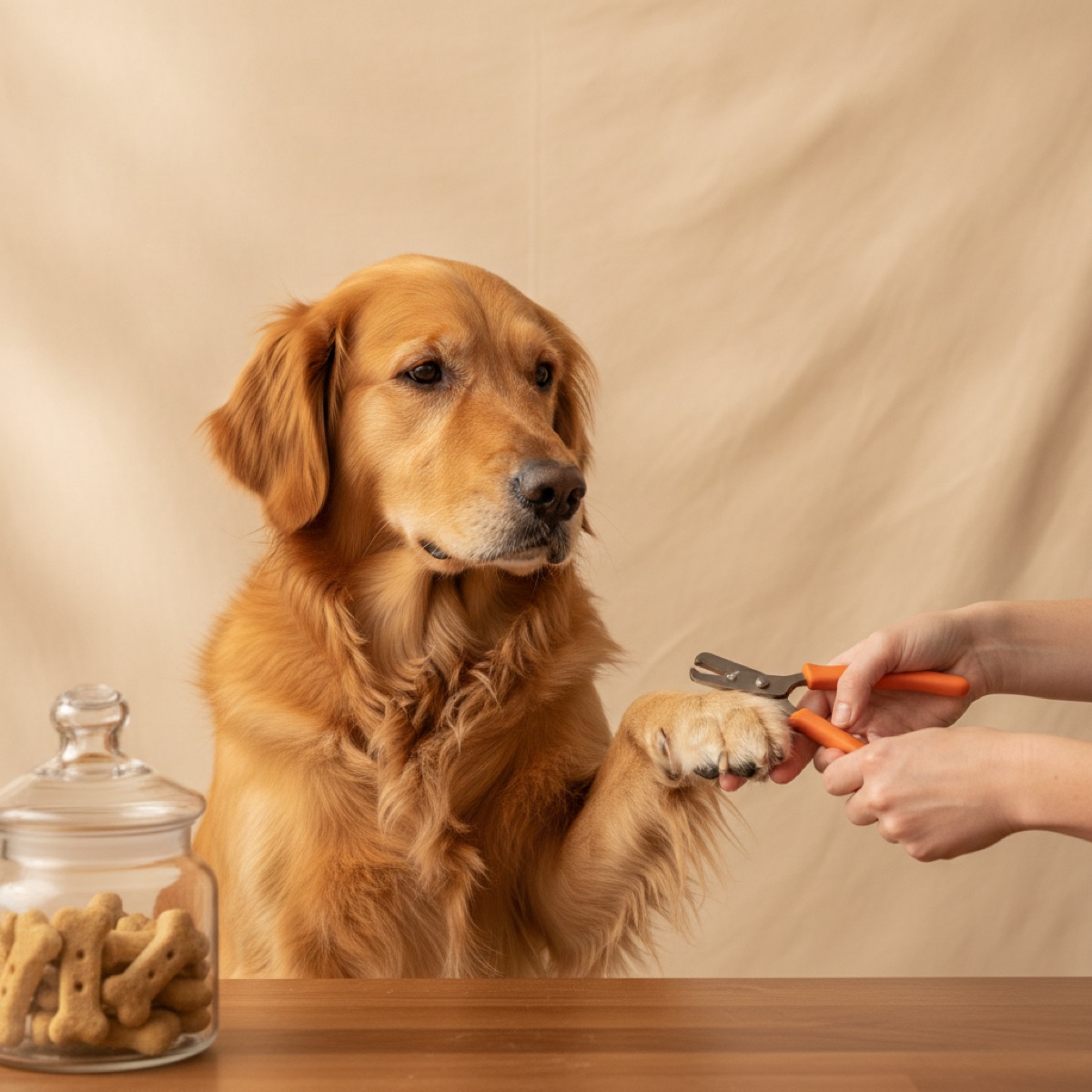 Warm cream studio illustration of a calm golden retriever offering its paw while a person trims one nail with orange handled clippers, a treat jar nearby