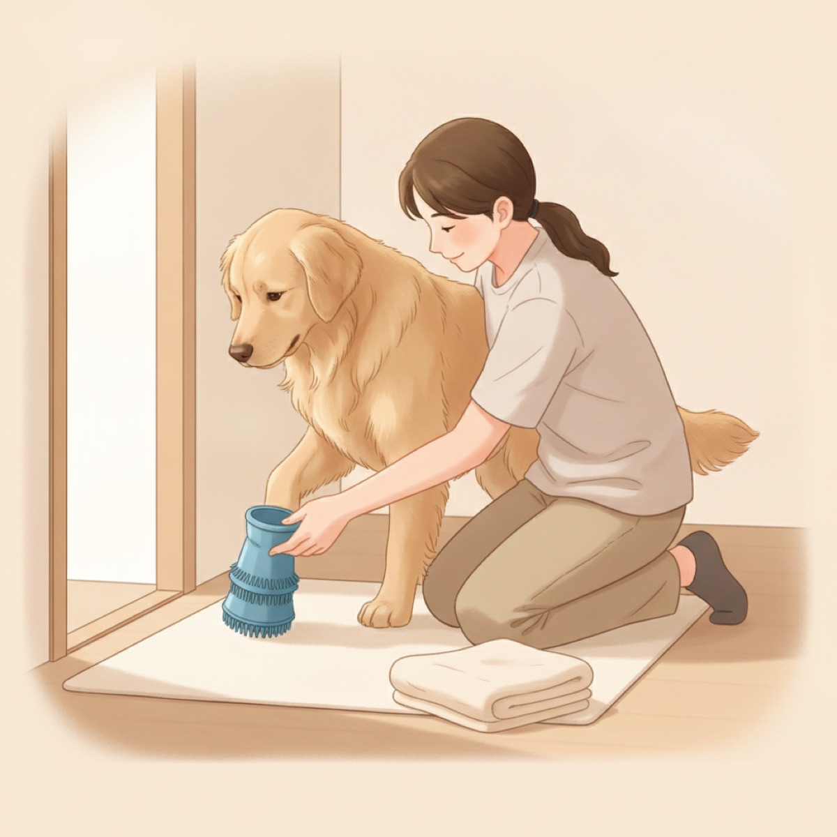 Person kneeling at a doorway using a silicone bristle paw washer cup on a golden retriever's front paw