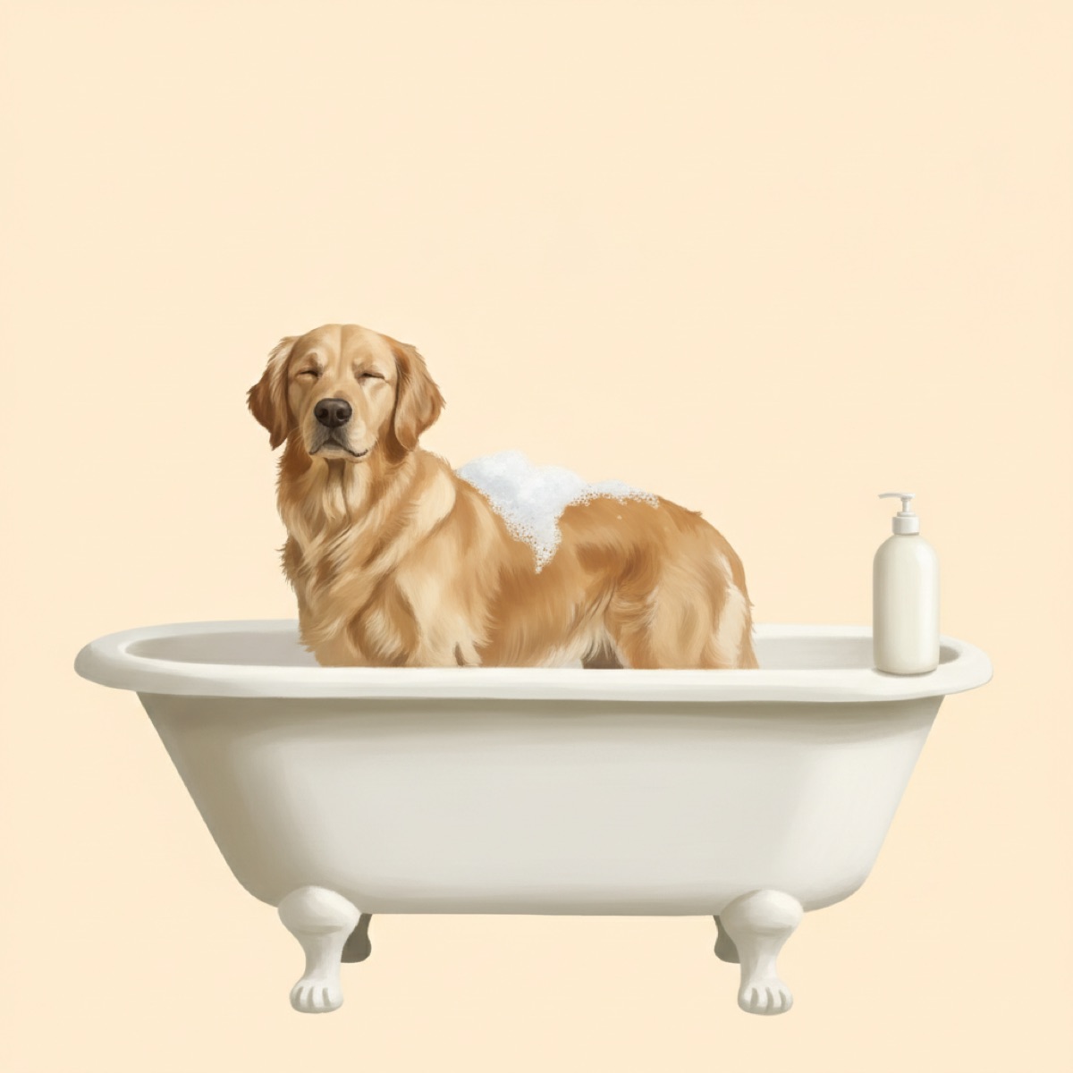 Golden retriever standing in a white bathtub with white lather on its back and a plain pump bottle of shampoo on the tub edge