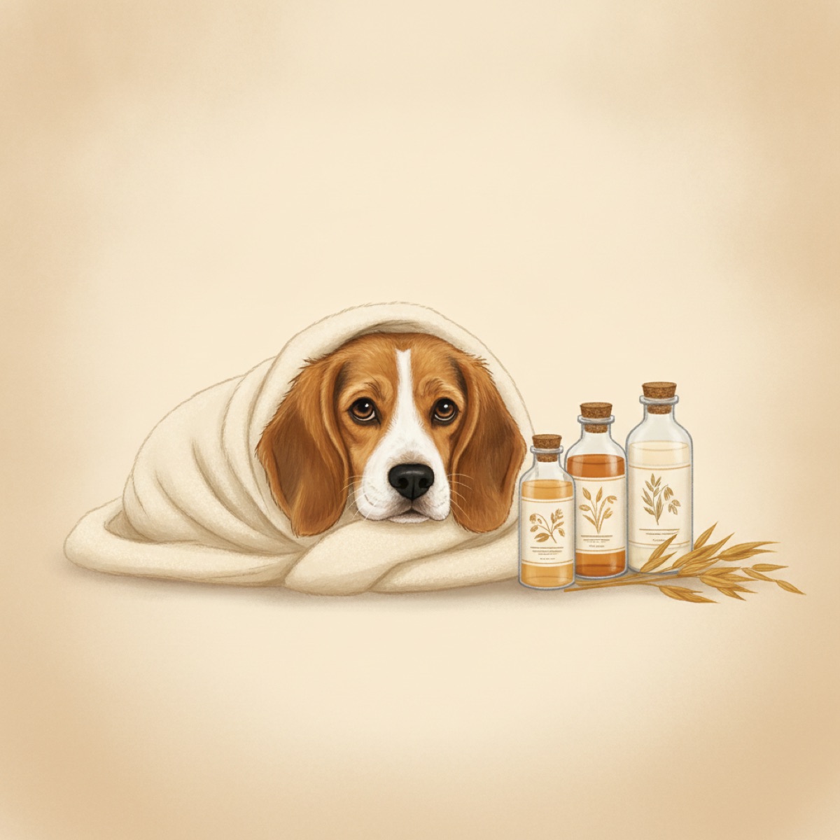 Warm cream studio illustration of a freshly bathed beagle wrapped in a towel beside soothing shampoo bottles and a few oat stalks