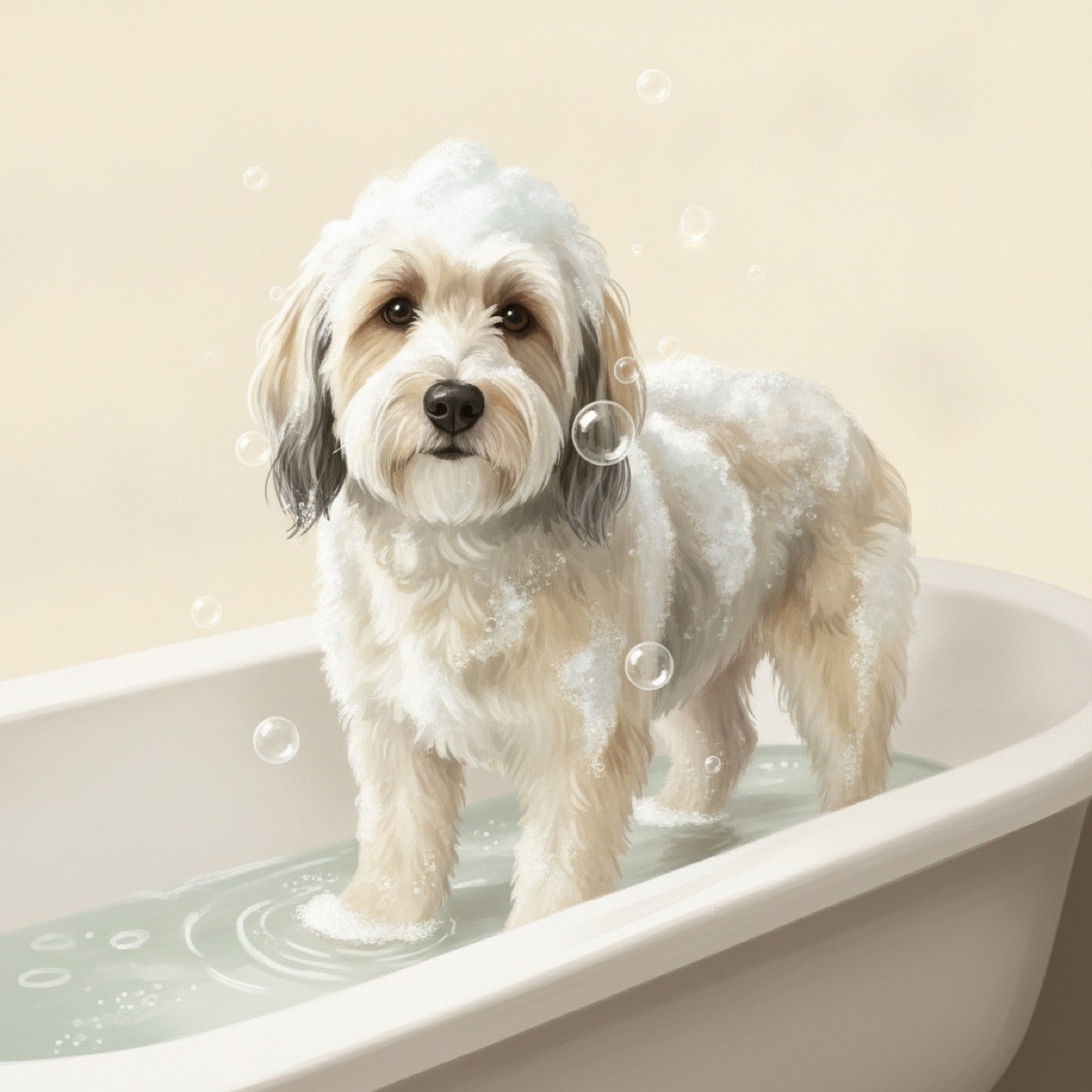 Shaggy cream coloured dog standing in a white bathtub with foam across its head and back and soap bubbles in the air