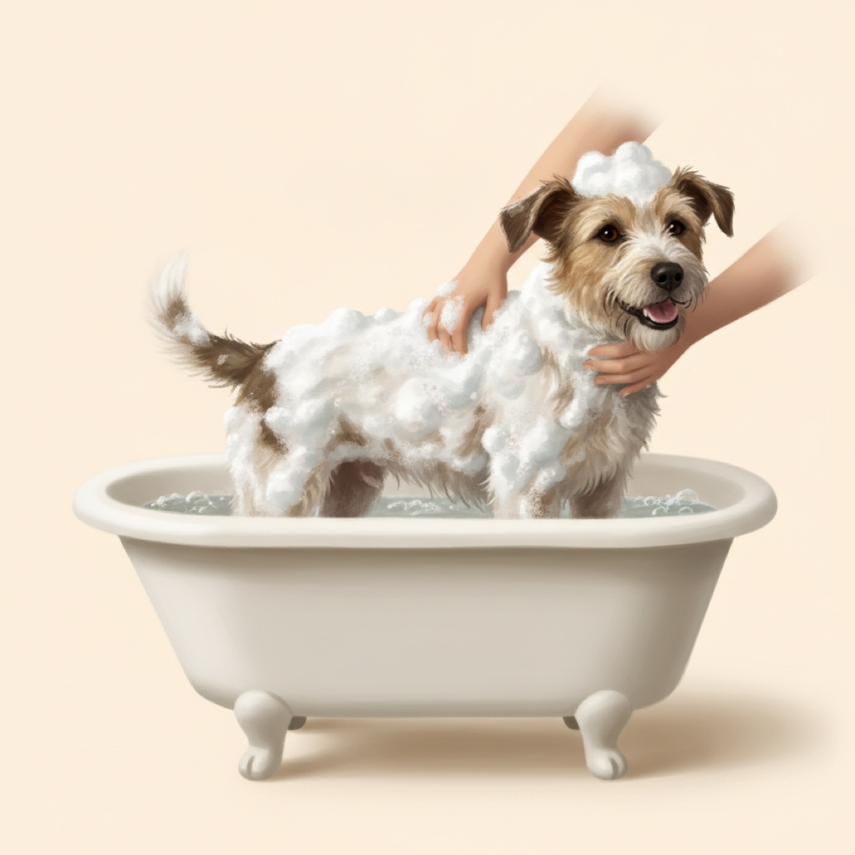 Muddy scruffy dog being lathered with deodorizing shampoo in a bathtub
