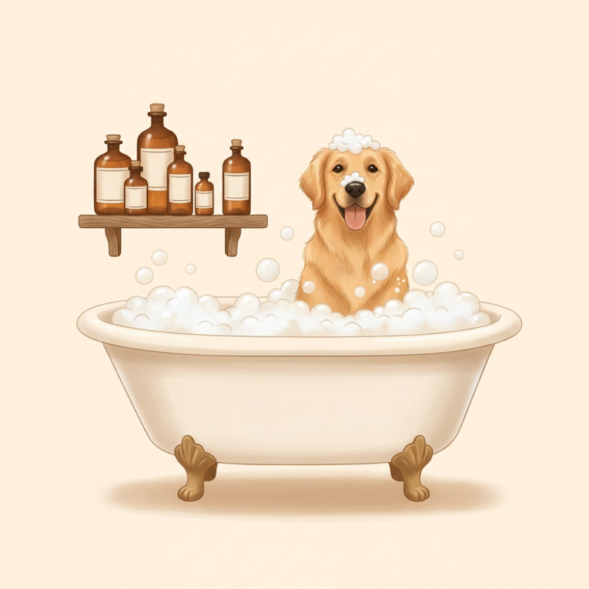 Warm cream studio illustration of a golden retriever sitting in a bathtub covered in suds beside a shelf of dog shampoo bottles