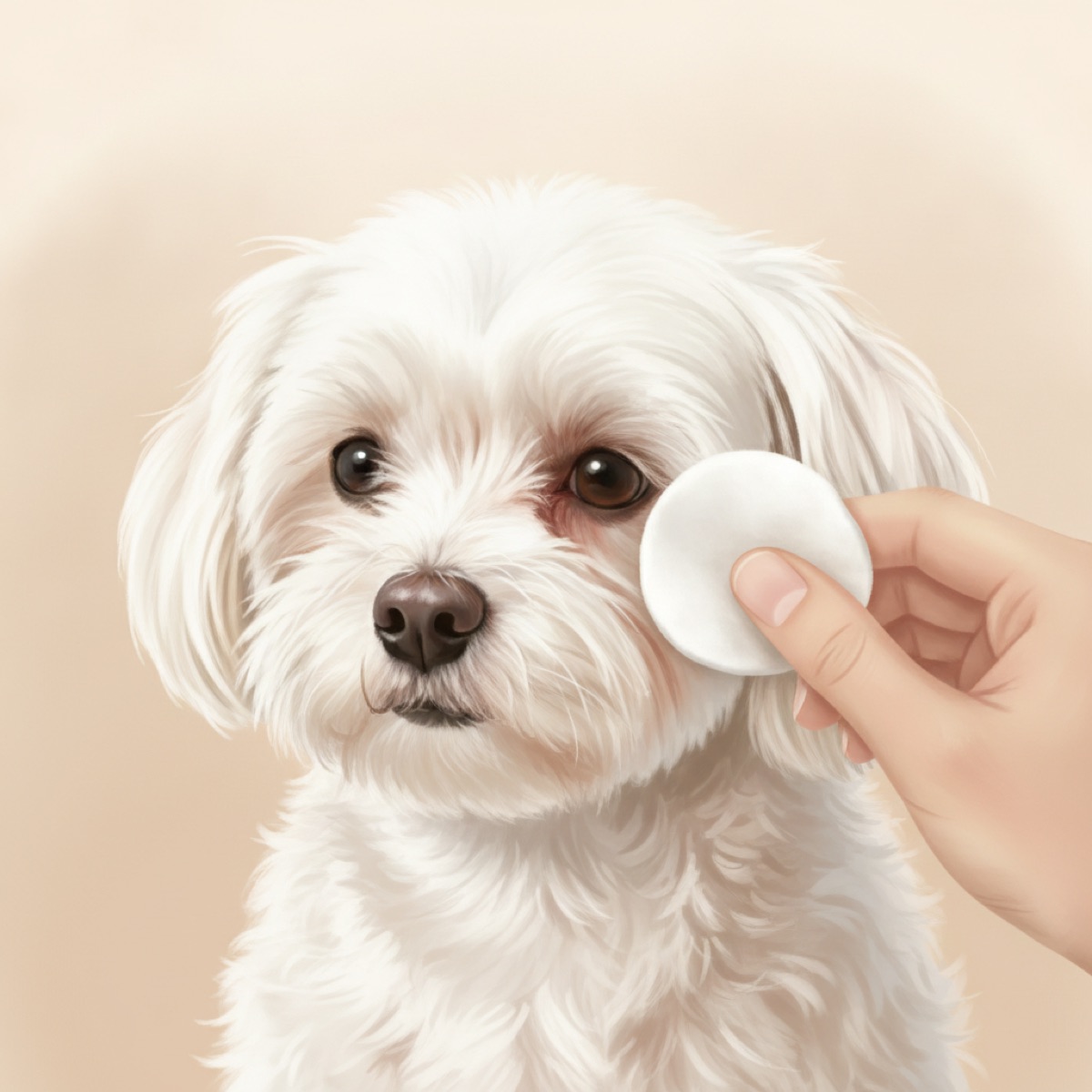 Small white dog with reddish brown tear staining under one eye being wiped gently with a soft cotton pad