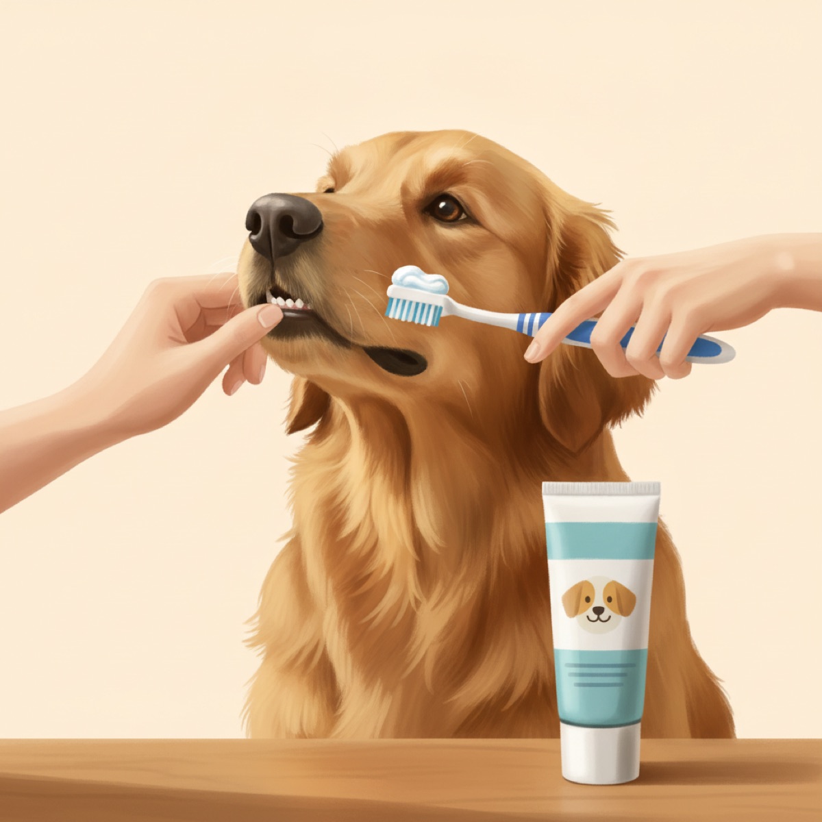 Owner lifting a calm golden retriever's lip and brushing its teeth, tube of dog toothpaste on the table