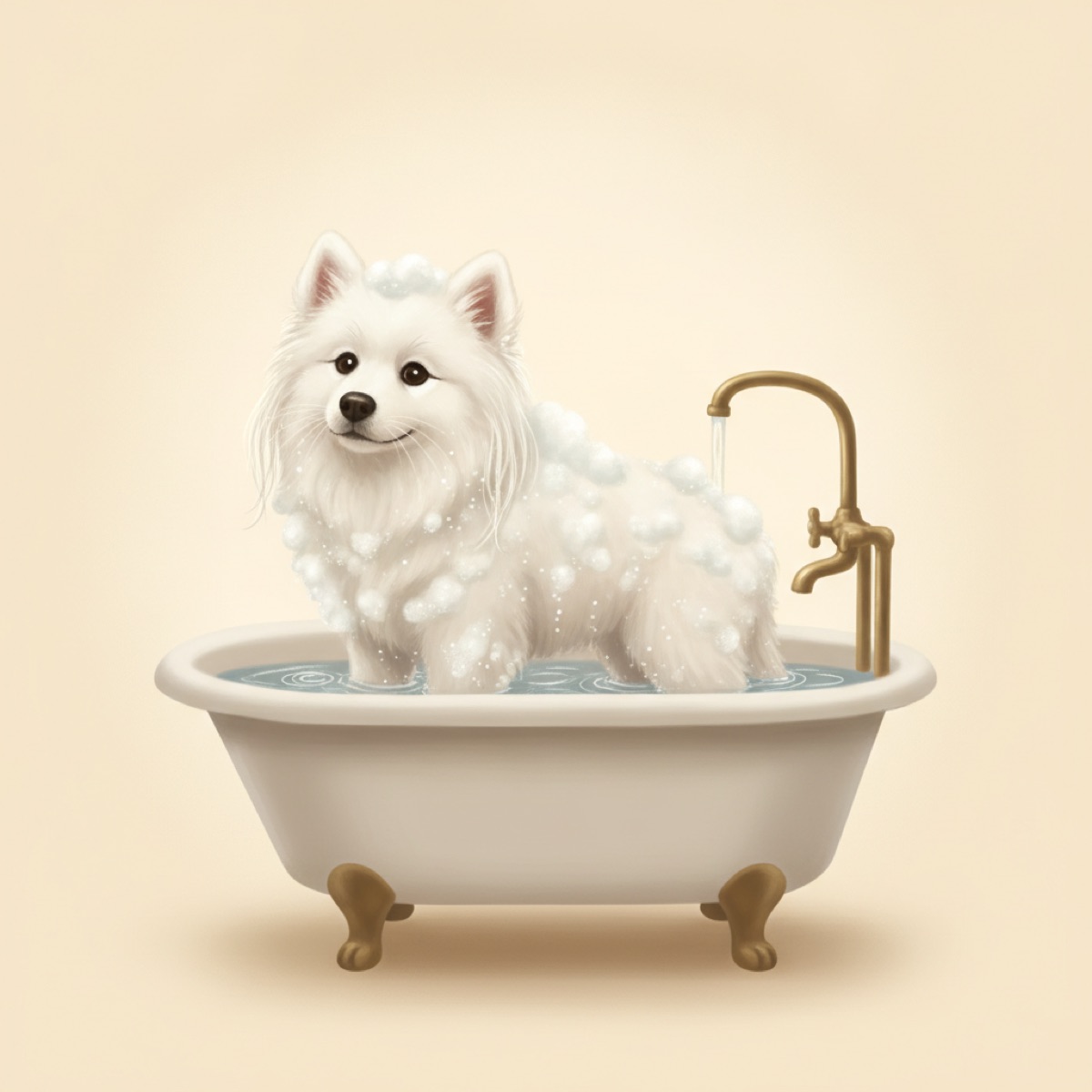 Small white fluffy dog standing in a white clawfoot bathtub with bright white foam across its coat