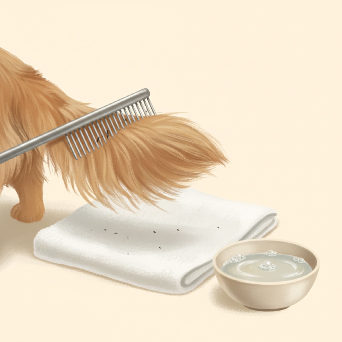 Fine tooth steel flea comb being drawn through the coat at the base of a dog's tail over a white towel