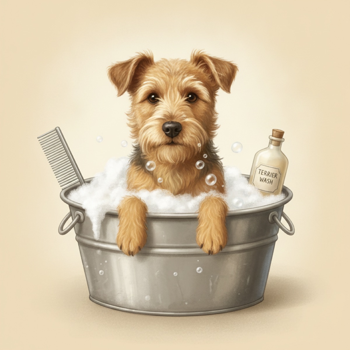 Warm cream studio illustration of a scruffy terrier being lathered in a metal washtub with a flea comb and shampoo bottle resting on the edge