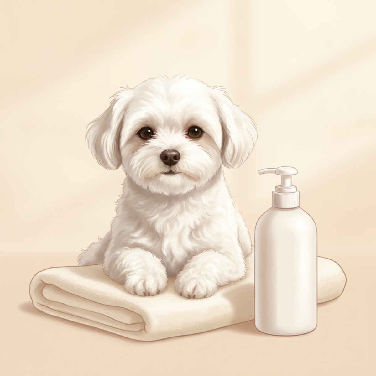 Plain unlabelled bottle of dog shampoo beside a small white dog sitting calmly on a folded towel