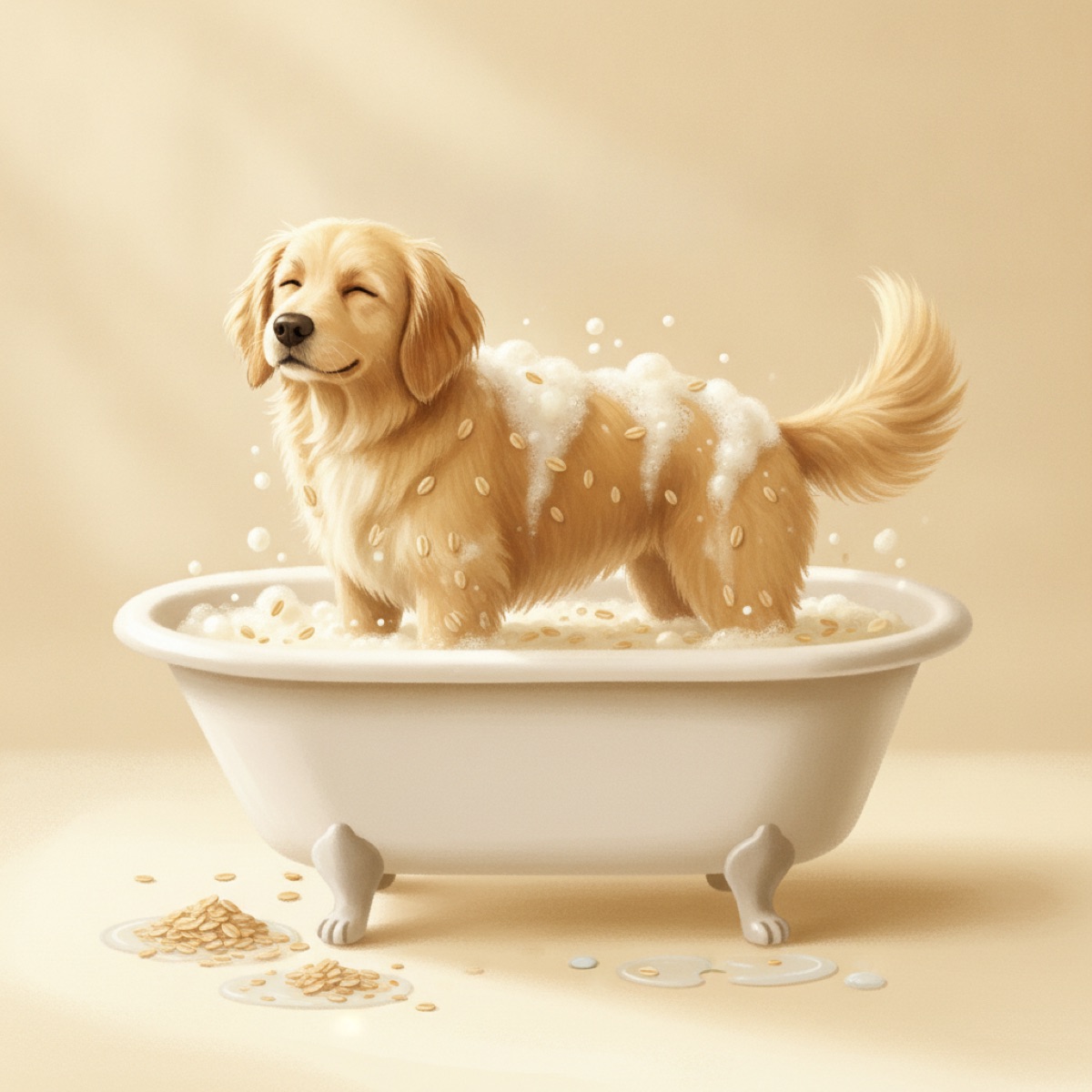 Creamy oatmeal shampoo being lathered into the coat of a relaxed dog in a warm bath