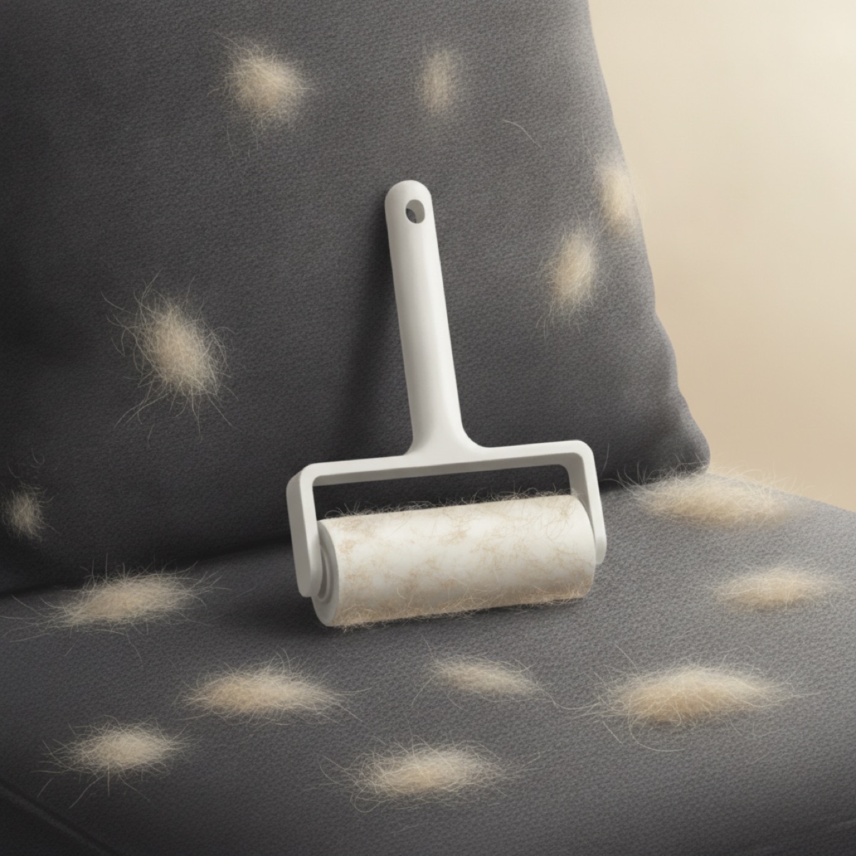 White handled pet hair roller resting on a dark grey sofa cushion covered in pale tufts of dog hair