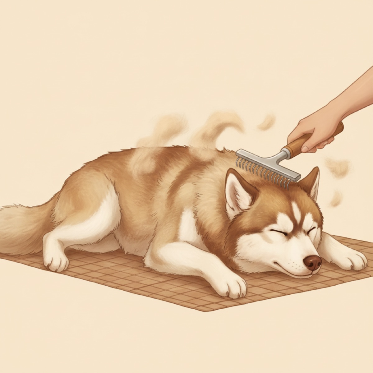 Fluffy husky lying on a mat while its owner pulls a cloud of loose undercoat free with a metal undercoat rake