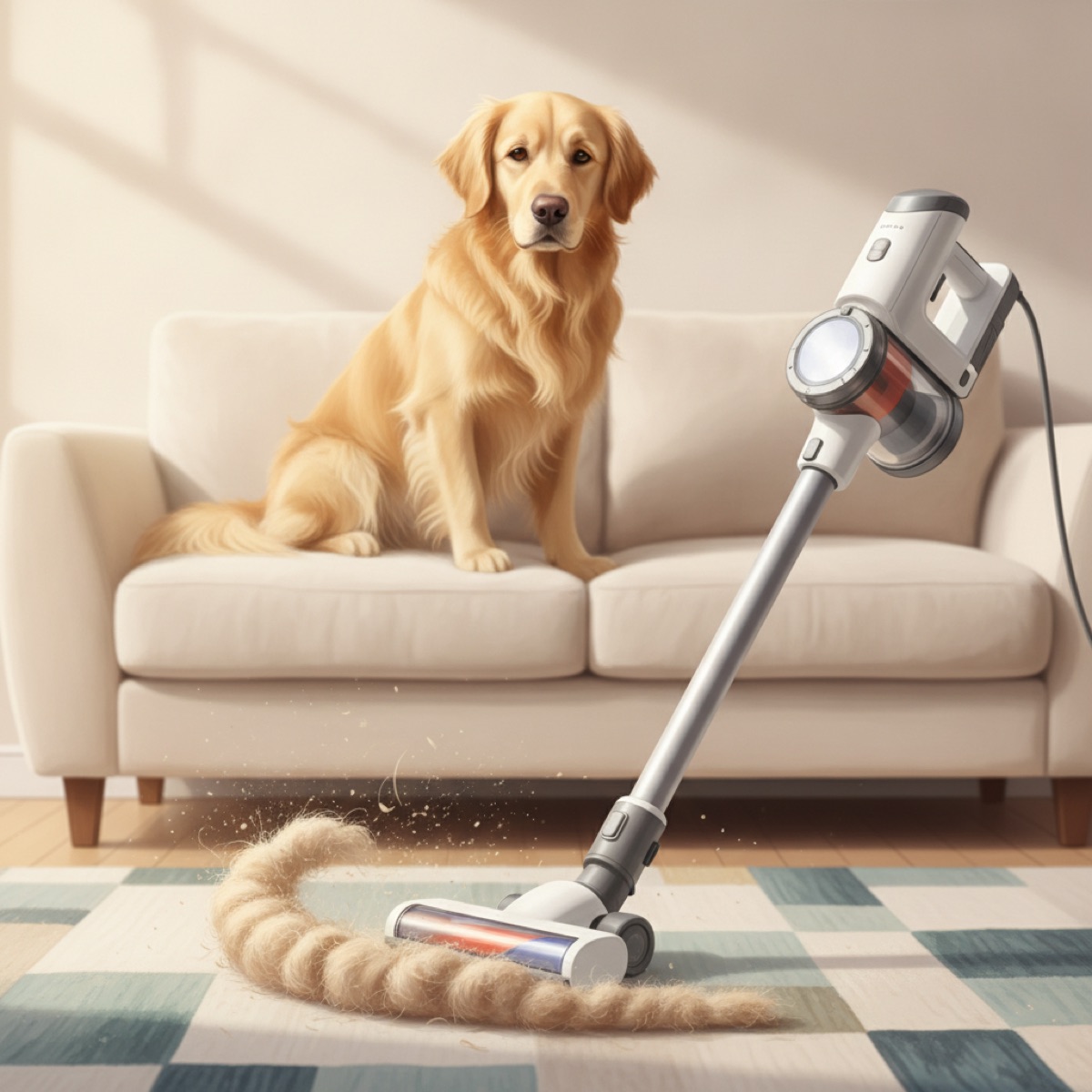 Cordless stick vacuum lifting a thick line of shed dog hair from a living room rug while a golden retriever watches from the couch