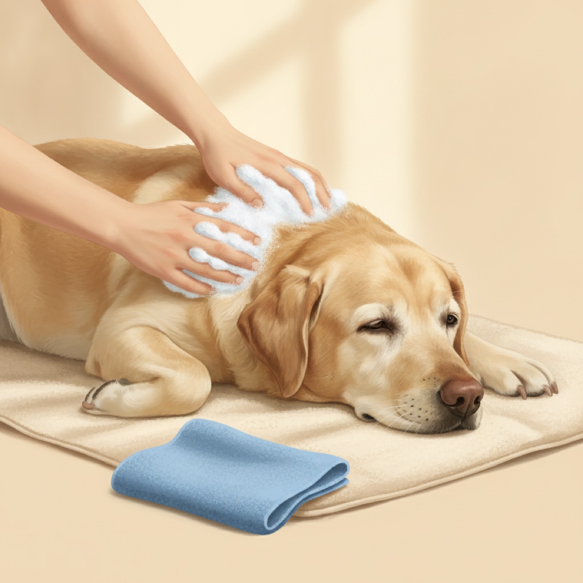 Owner massaging waterless foam shampoo into the coat of an elderly dog resting on a towel