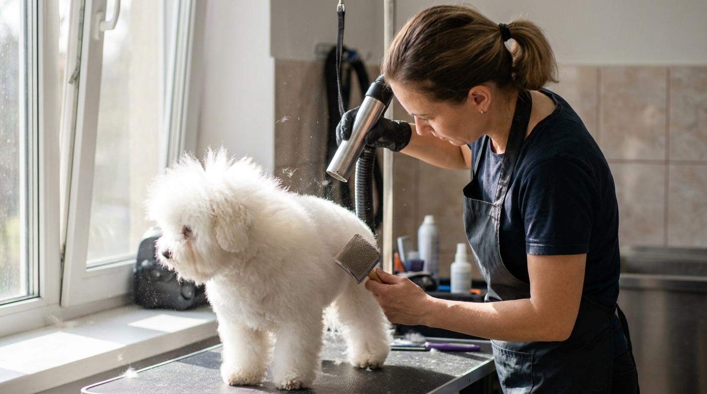 A groomer fluff drying a white Bichon Frise with a dryer and slicker brush, straightening the coat so it stands ready for scissoring