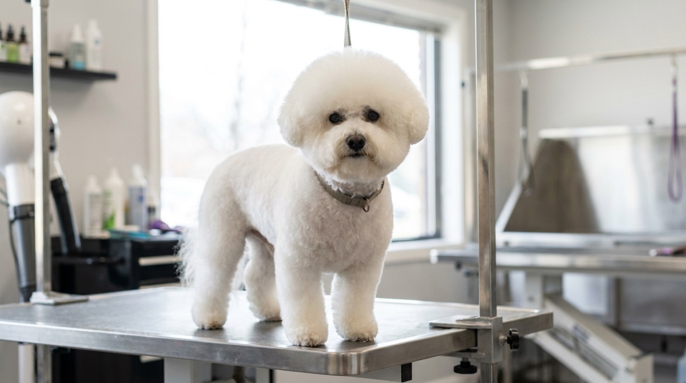 A freshly groomed white Bichon Frise with a rounded scissored head sitting on a grooming table in a professional salon