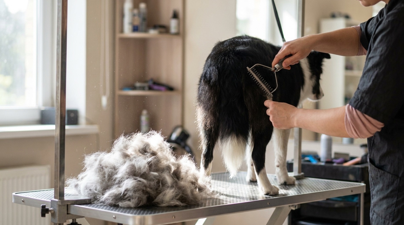 A groomer working an undercoat rake through the thick pants of a black and white Border Collie, with released undercoat visible on the grooming table